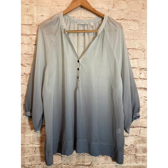 NY&Co. Top Womens XL Slate Blue Ombre Semi Sheer Button Front Boho Hippie V Neck - Picture 1 of 12